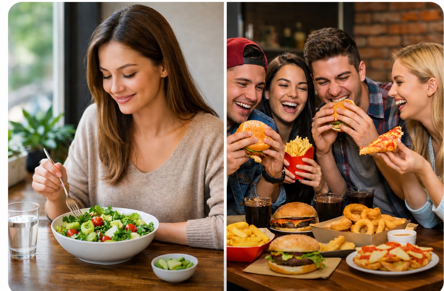 Healthy meal and junk food with friends comparison