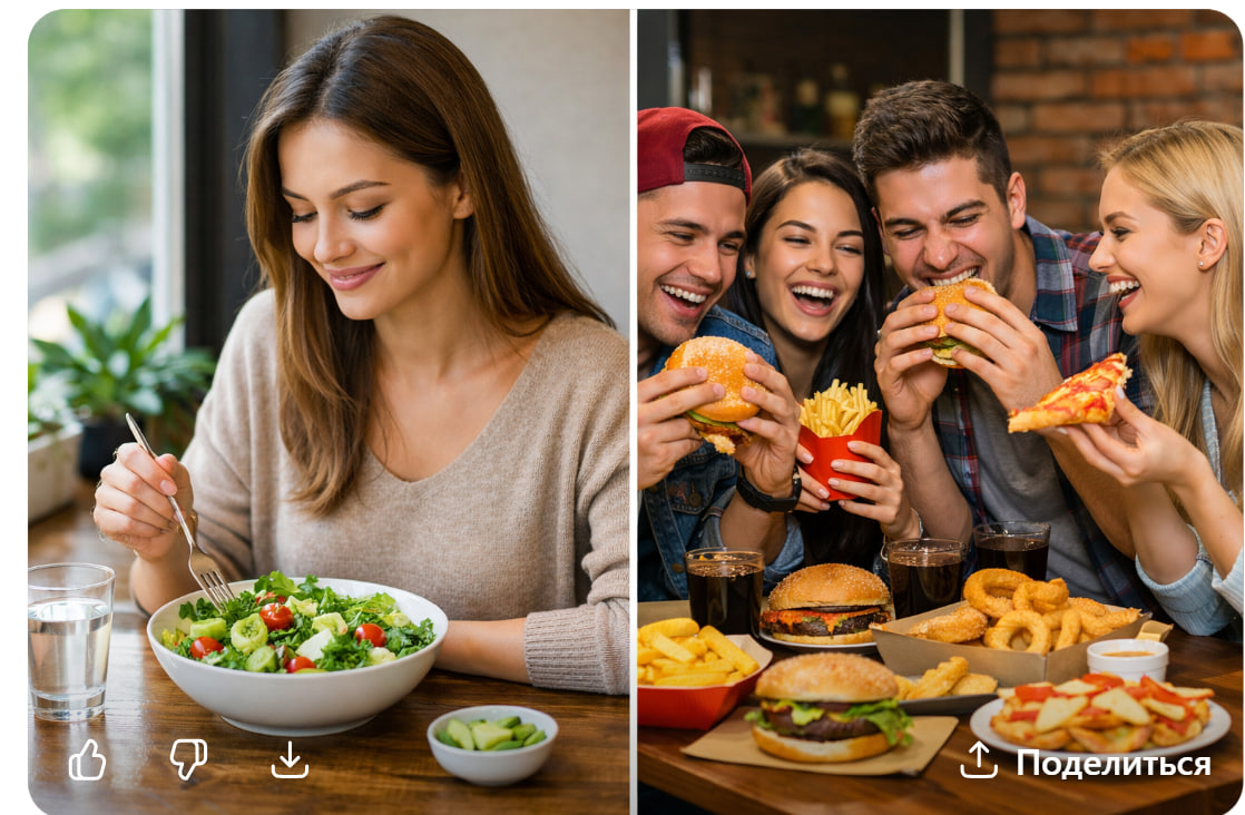 Healthy meal and junk food with friends comparison