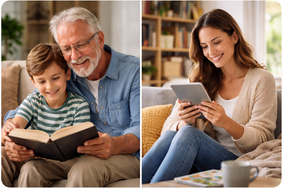 Reading a book together and reading on a tablet comparison