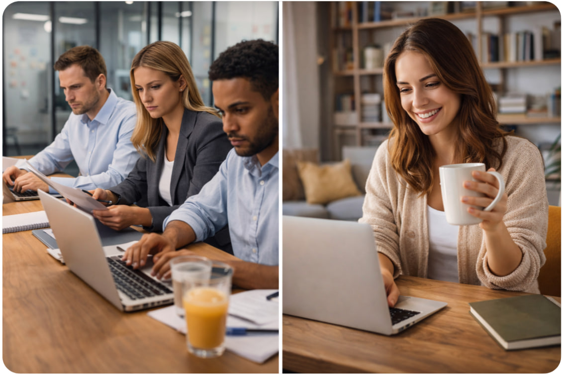 Office teamwork and working from home comparison