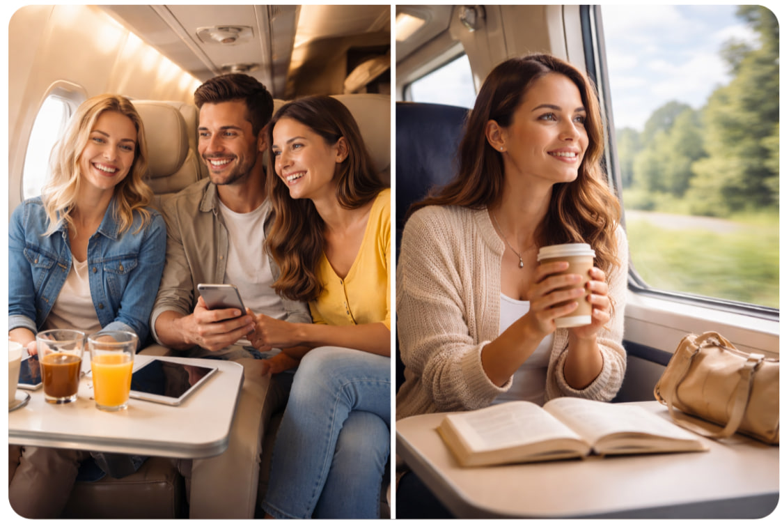 Travelling together by plane and travelling alone by train comparison
