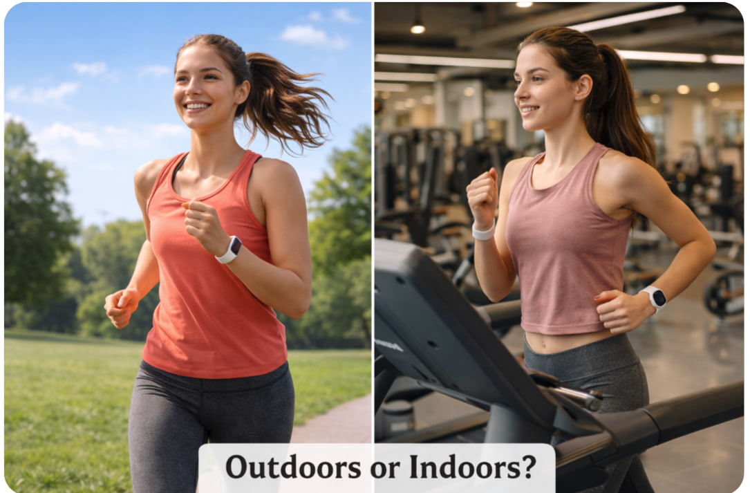 Jogging outdoors and running on a treadmill in a gym comparison