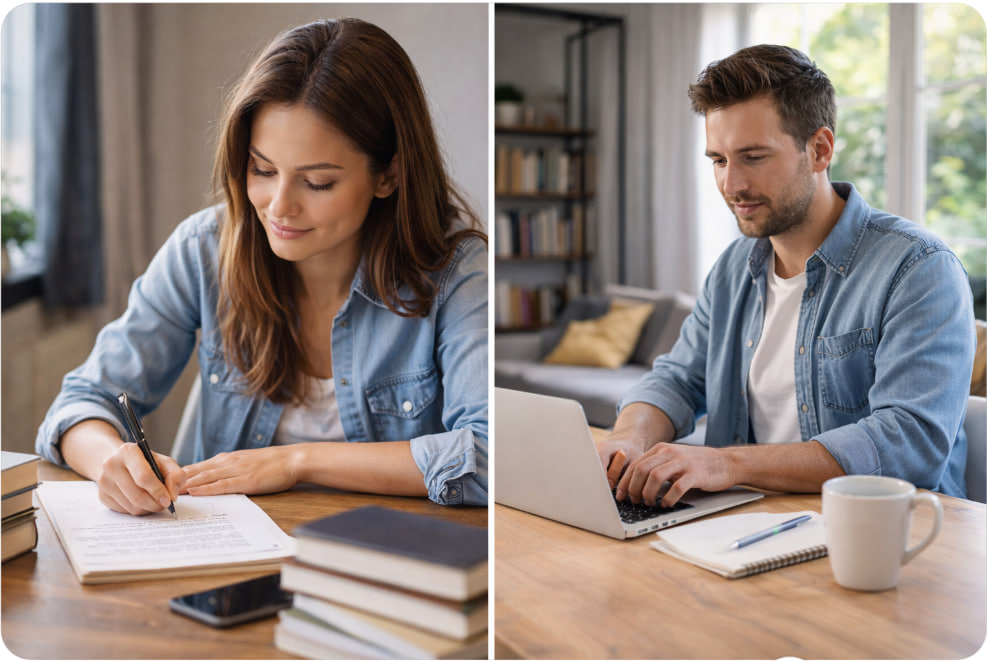 Handwriting at a desk and typing on a laptop comparison