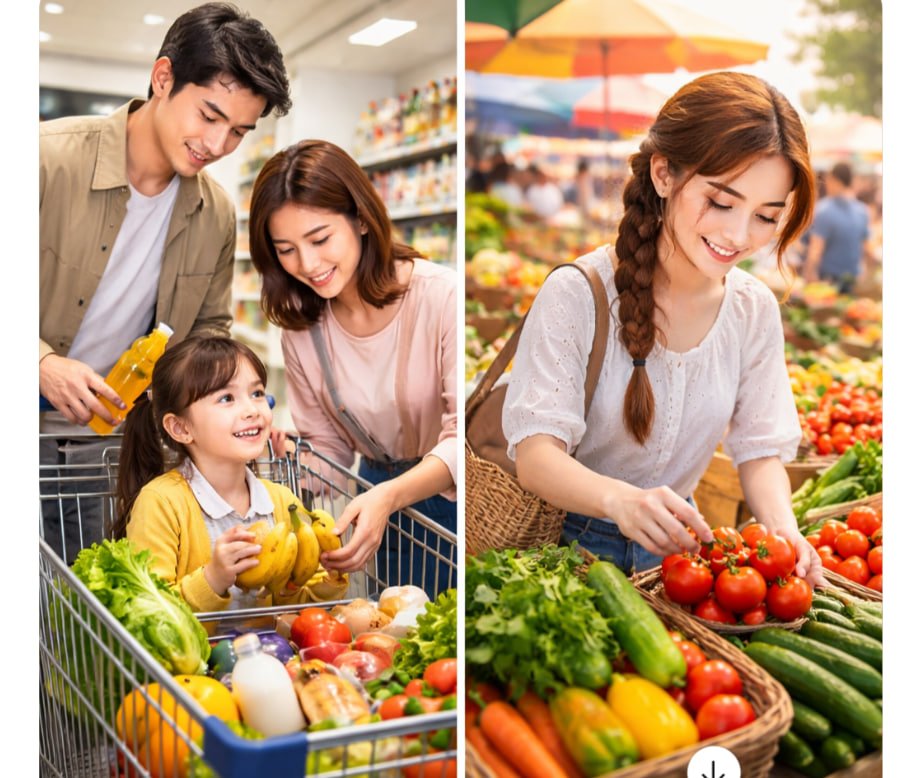 Family supermarket shopping and solo market shopping comparison